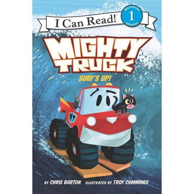 Mighty Truck Surf's Up children's book cover with red truck character surfing