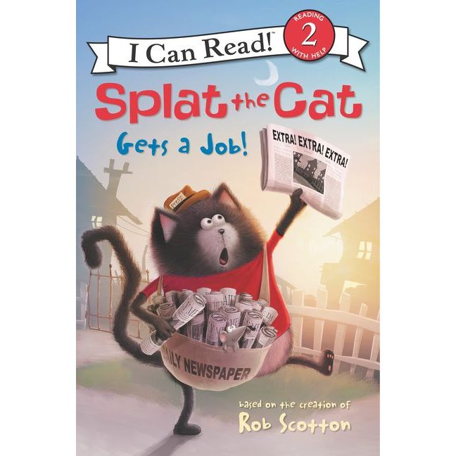 Splat the Cat Gets a Job book cover showing cat character with newspapers