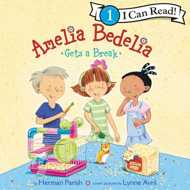 Amelia Bedelia Gets a Break children's book cover showing three kids with pet hamster cage