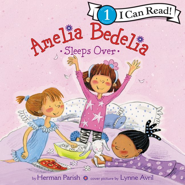 Amelia Bedelia Sleeps Over children's book cover showing three girls at sleepover
