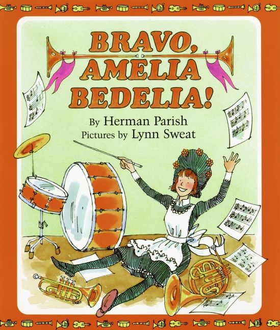 Bravo Amelia Bedelia children's book cover showing Amelia with musical instruments and sheet music