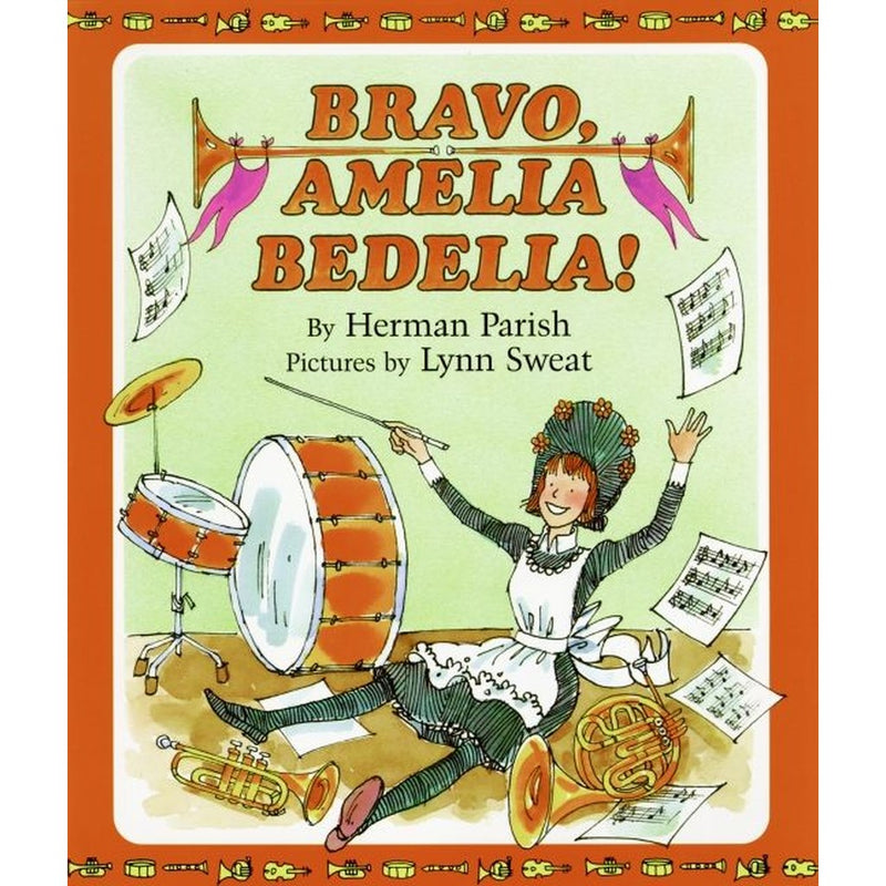 Bravo Amelia Bedelia children's book cover showing Amelia with musical instruments and sheet music