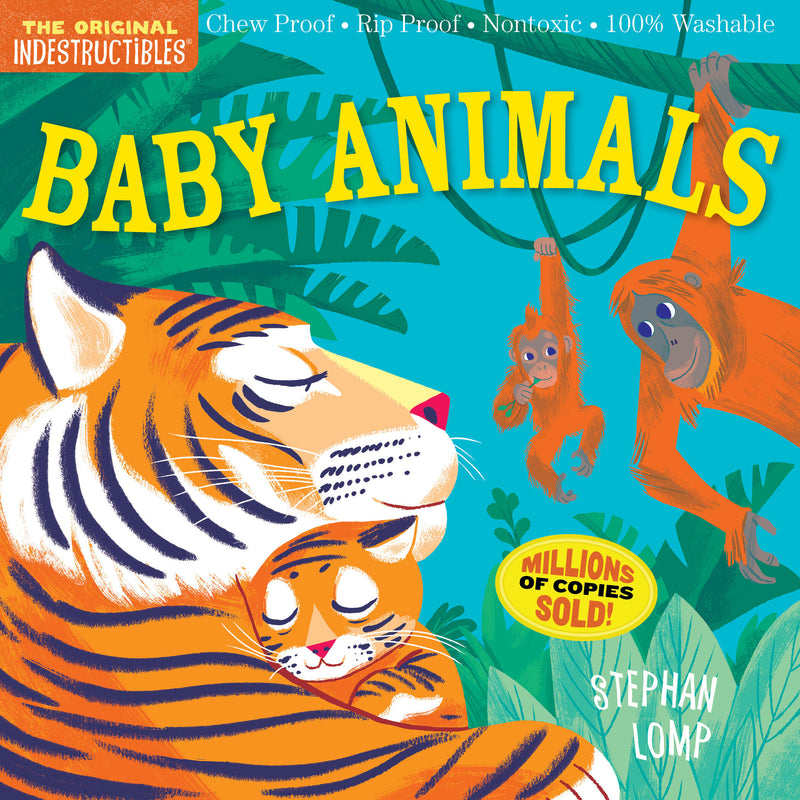 Indestructibles Baby Animals book cover showing tigers and orangutans in jungle setting