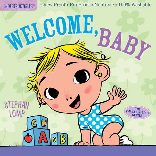 Indestructibles Welcome Baby book cover featuring blonde toddler with alphabet blocks