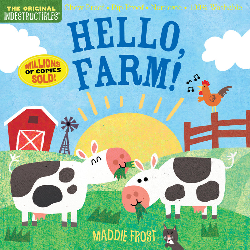 Hello Farm Indestructibles children's book cover with farm animals and barn illustration