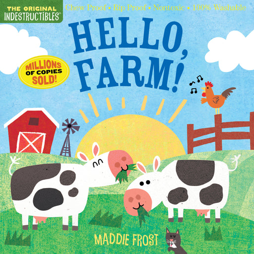 Hello Farm Indestructibles children's book cover with farm animals and barn illustration