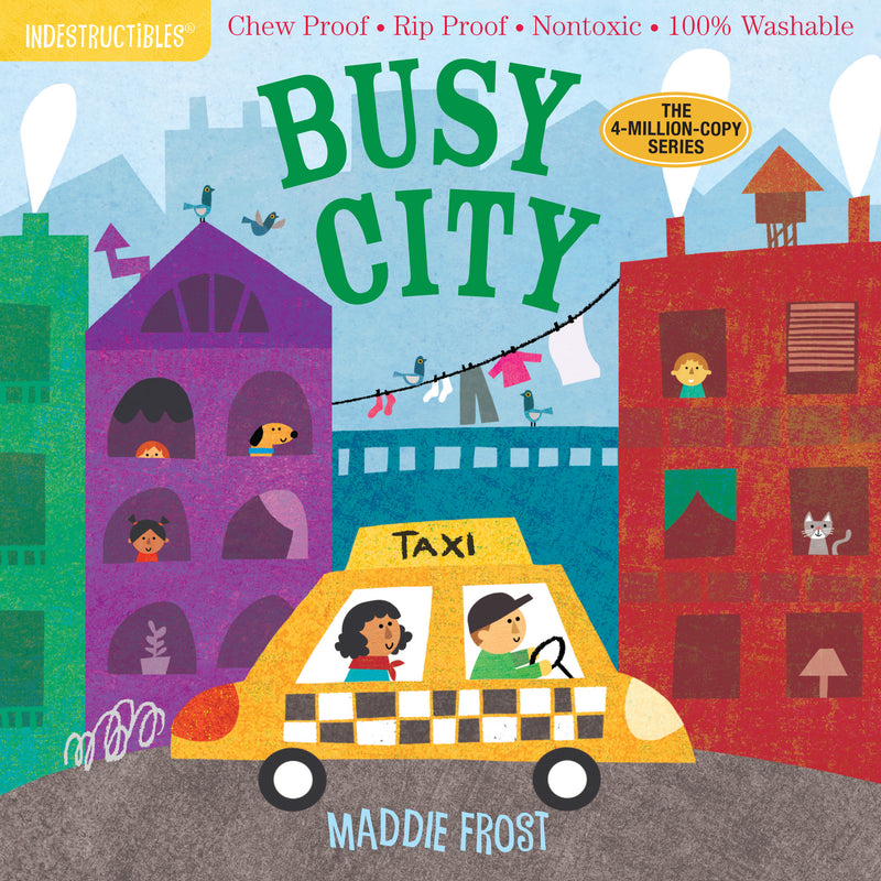 Indestructibles Busy City children's book cover featuring colorful illustrated cityscape with taxi