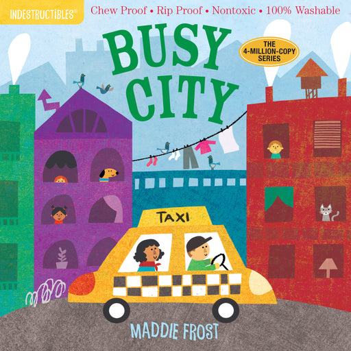Indestructibles Busy City children's book cover featuring colorful illustrated cityscape with taxi