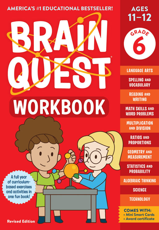 Brain Quest Grade 6 workbook cover showing cartoon children with educational subjects listed