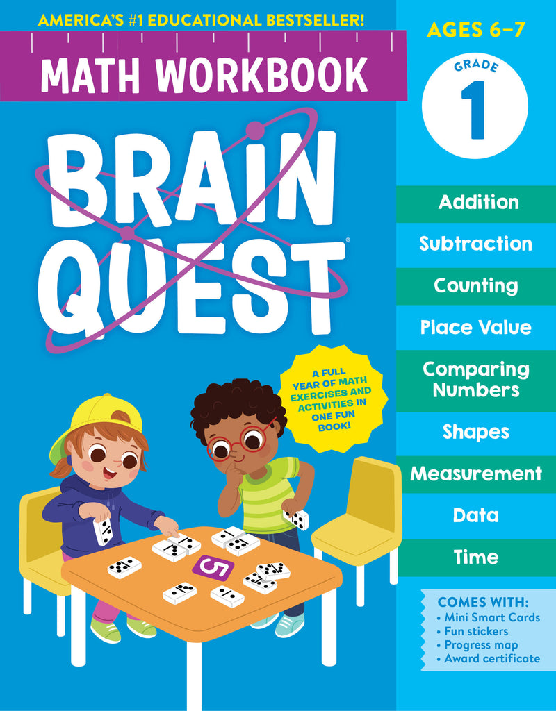 Brain Quest Grade 1 Math Workbook cover showing cartoon children with learning activities listed
