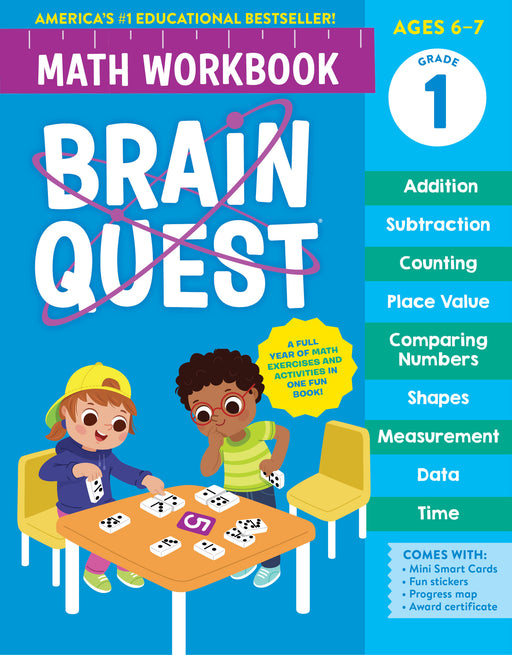 Brain Quest Grade 1 Math Workbook cover showing cartoon children with learning activities listed