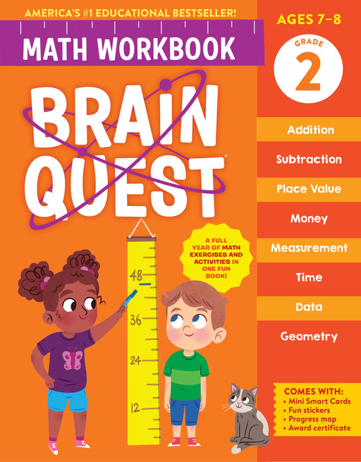 Brain Quest Grade 2 Math Workbook cover featuring children with measuring tape