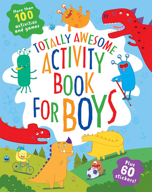 Totally Awesome Activity Book For Boys with colorful monsters and dinosaurs cover art