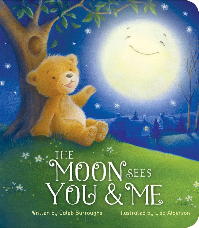 The Moon Sees You and Me board book cover with teddy bear and smiling moon