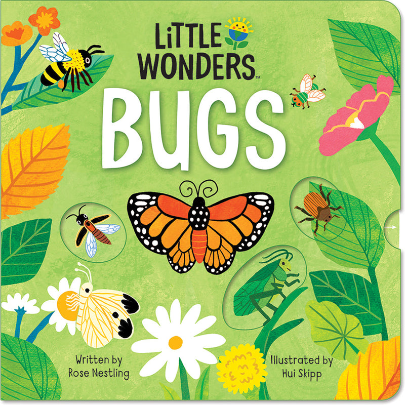 Little Wonders Bugs board book cover with colorful illustrated insects on green background