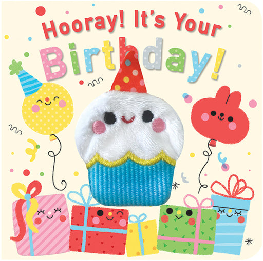 Hooray It's Your Birthday finger puppet board book featuring plush cupcake character with party hat