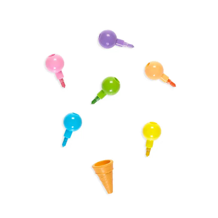 Colorful ice cream cone shaped stackable erasable crayons in rainbow colors on white background