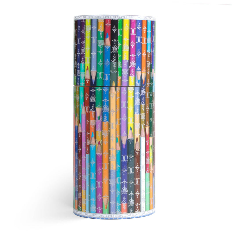 Clear cylindrical container holding 50 double-sided colored pencils with decorative pattern overlay