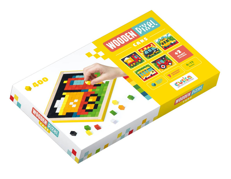 Wooden Pixel Cars mosaic puzzle box showing colorful pixel art designs and game pieces