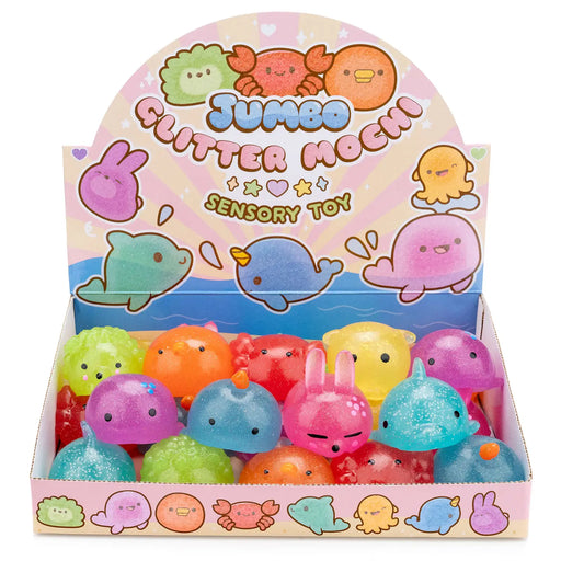 Kawaii Slime Co Jumbo Glitter Mochi sensory toys in colorful display box with cute character designs