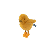 Yellow plush chick toy with orange feet on transparent background