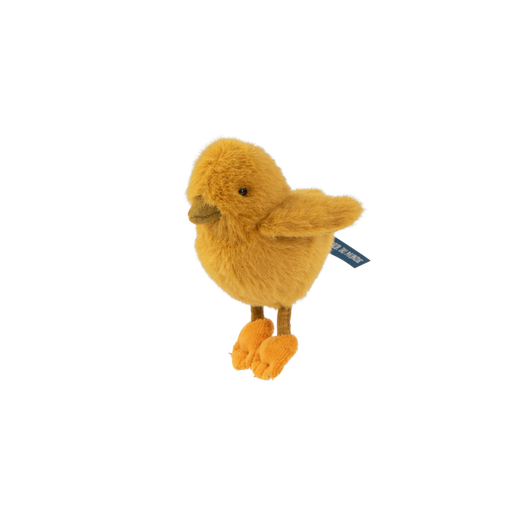 Yellow plush chick toy with orange feet on transparent background