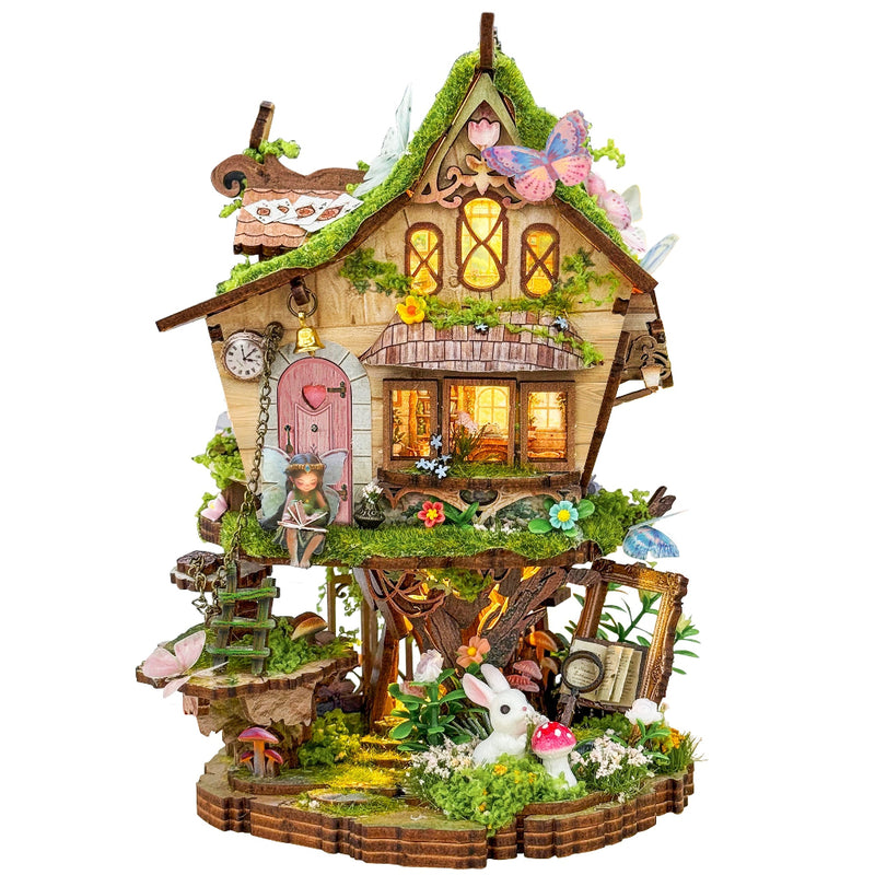 Hands Craft Fairytale Tree House miniature DIY kit with fairy, rabbit, butterflies, and warm lighting
