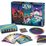 EXIT The Game Family edition box with game components displayed including cards decoder wheel