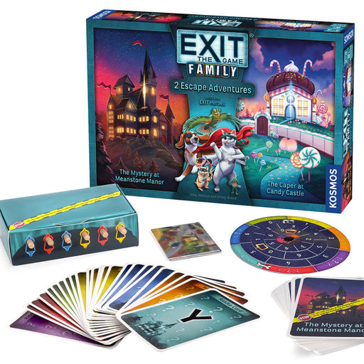 EXIT The Game Family edition box with game components displayed including cards decoder wheel
