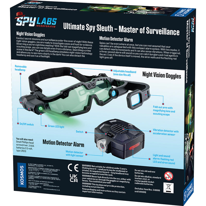 Thames & Kosmos Spy Labs Ultimate Spy Sleuth kit packaging showing night vision goggles and motion detector