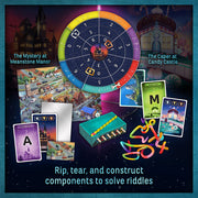 EXIT Family escape game showing circular decoder wheel, cards, and adventure components.