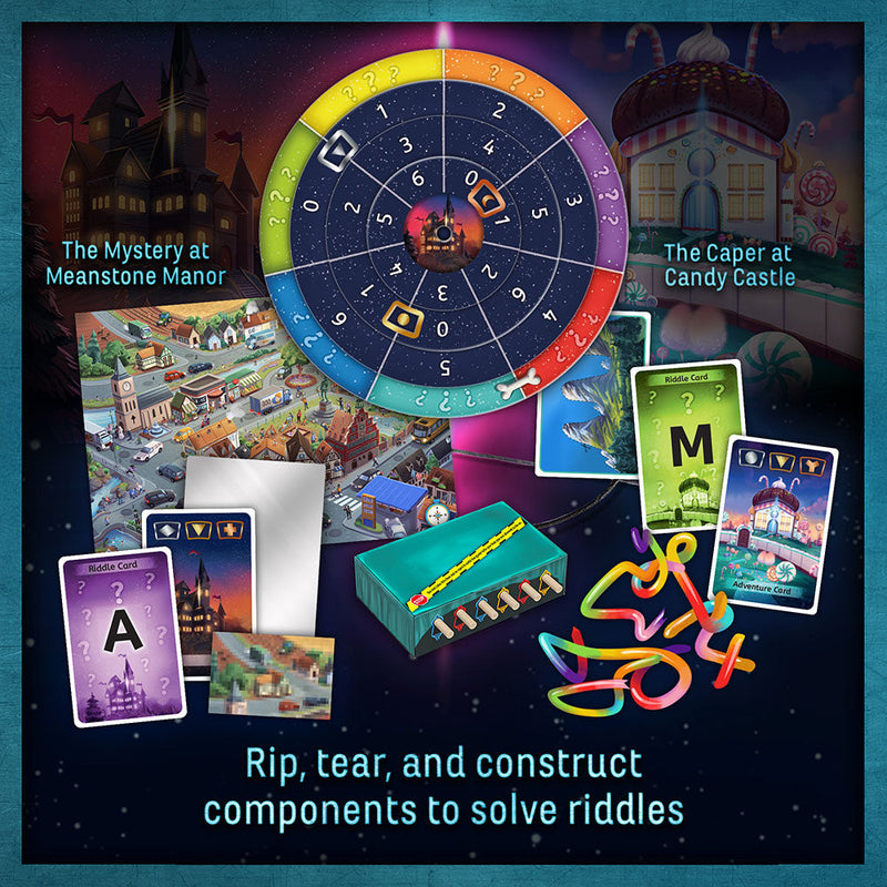 EXIT Family escape game showing circular decoder wheel, cards, and adventure components.
