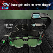 Spy Labs night vision goggles with headlamp on dark wooden surface