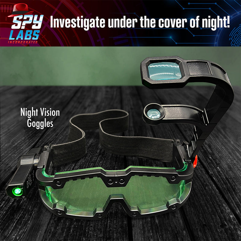 Spy Labs night vision goggles with headlamp on dark wooden surface