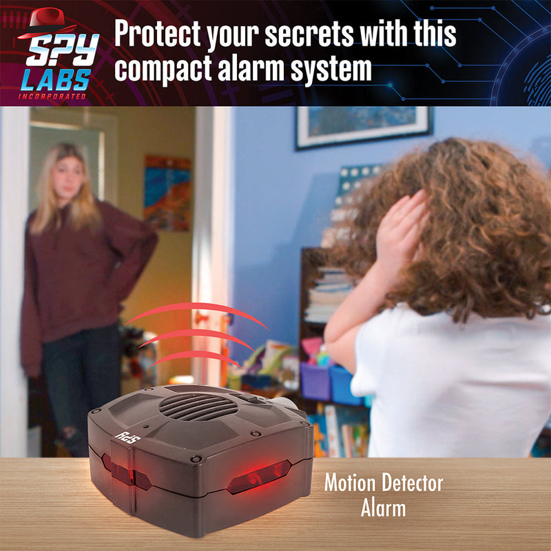 Spy Labs motion detector alarm system shown in home setting with child using device