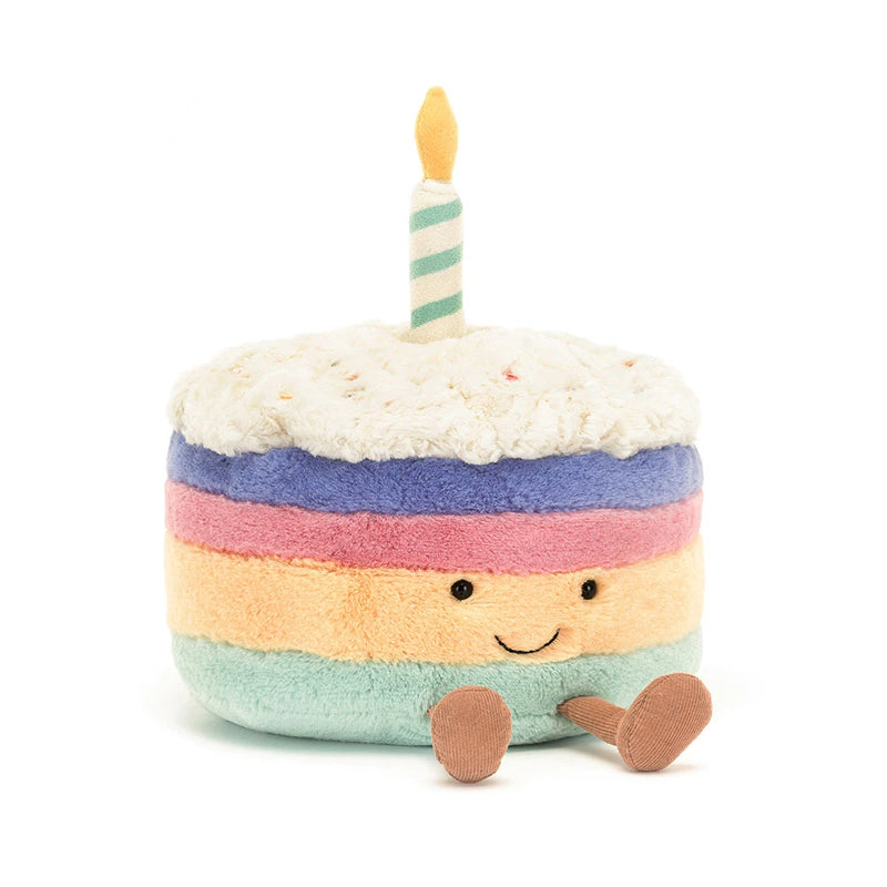 Jellycat Amuseable Rainbow Birthday Cake plush toy with striped candle and cute face
