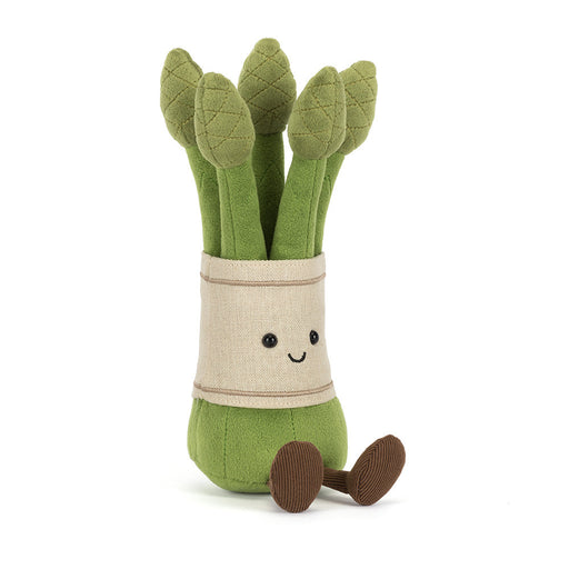 Jellycat Amuseables Asparagus plush toy with green spears, cream band, and brown corduroy feet