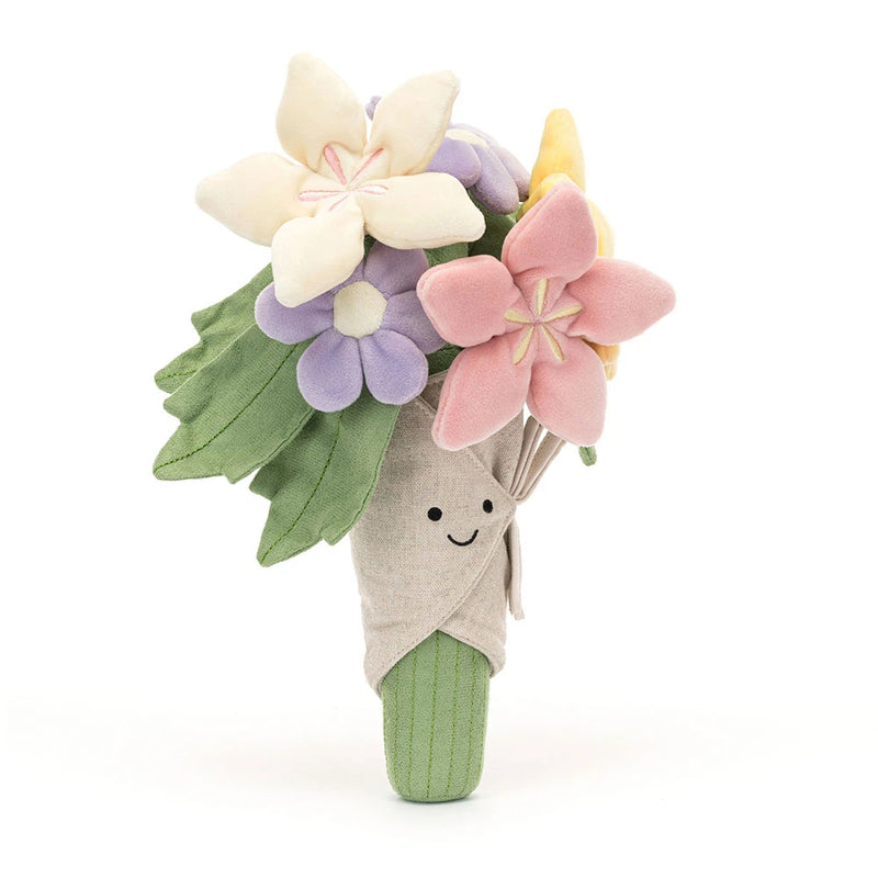 Jellycat Amuseable Bouquet of Flowers plush toy with cute smiling face and colorful fabric flowers