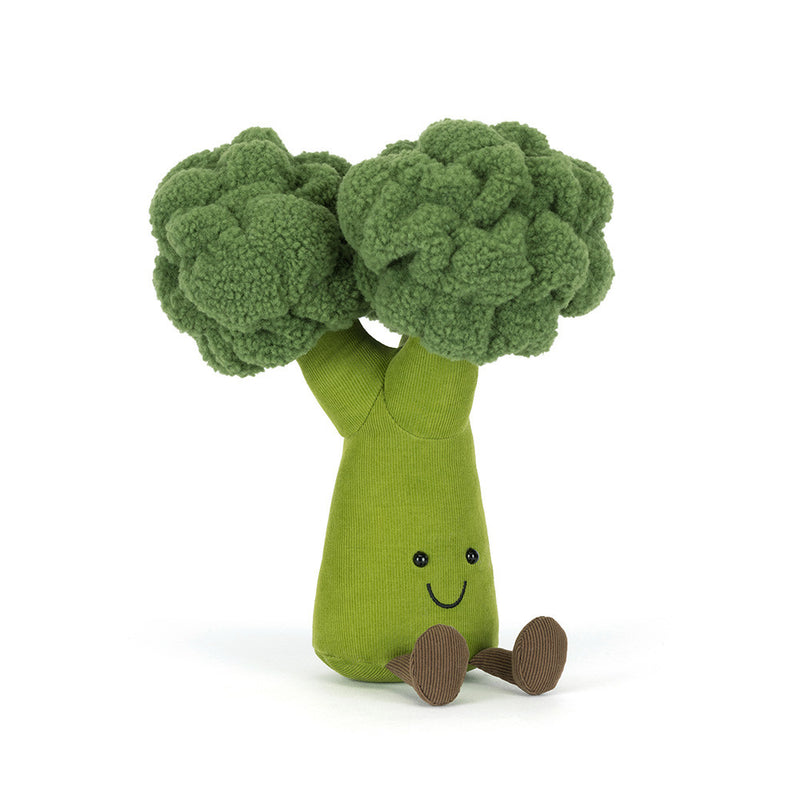 Jellycat Amuseables Broccoli plush toy with smiling face and brown corduroy feet