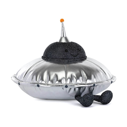 Jellycat Amuseables Jellysaucer plush toy - silver UFO with black glittery dome and orange antenna