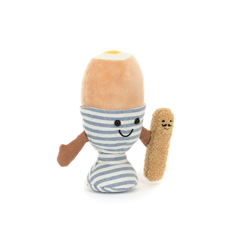 Jellycat Amuseables soft toy featuring boiled egg character with striped soldier toast
