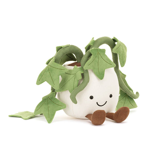 Jellycat Amuseables Ivy plush toy with white body, green leaves, and brown feet