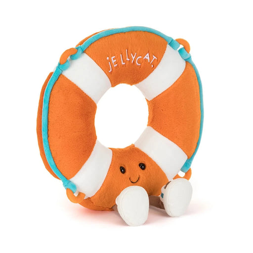 Orange and white Jellycat Amuseables Life Ring plush toy with cute face and rope details