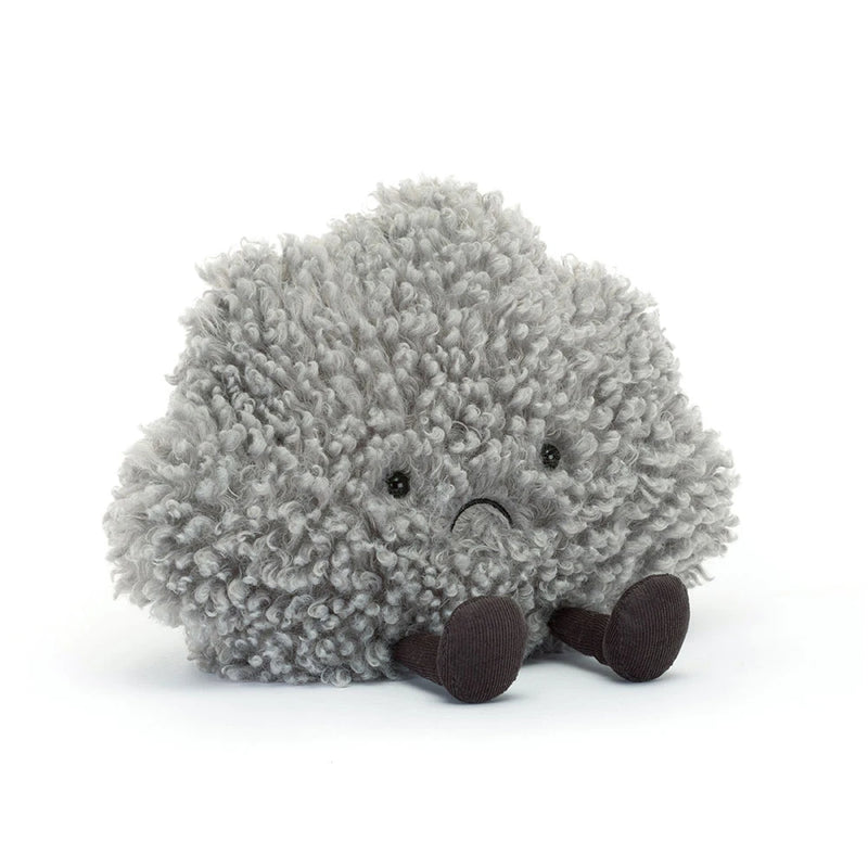 Gray fluffy storm cloud plush toy with embroidered face and dark feet
