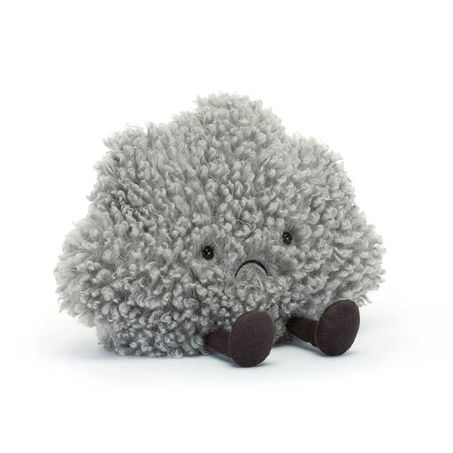 Gray fluffy storm cloud plush toy with embroidered face and dark feet