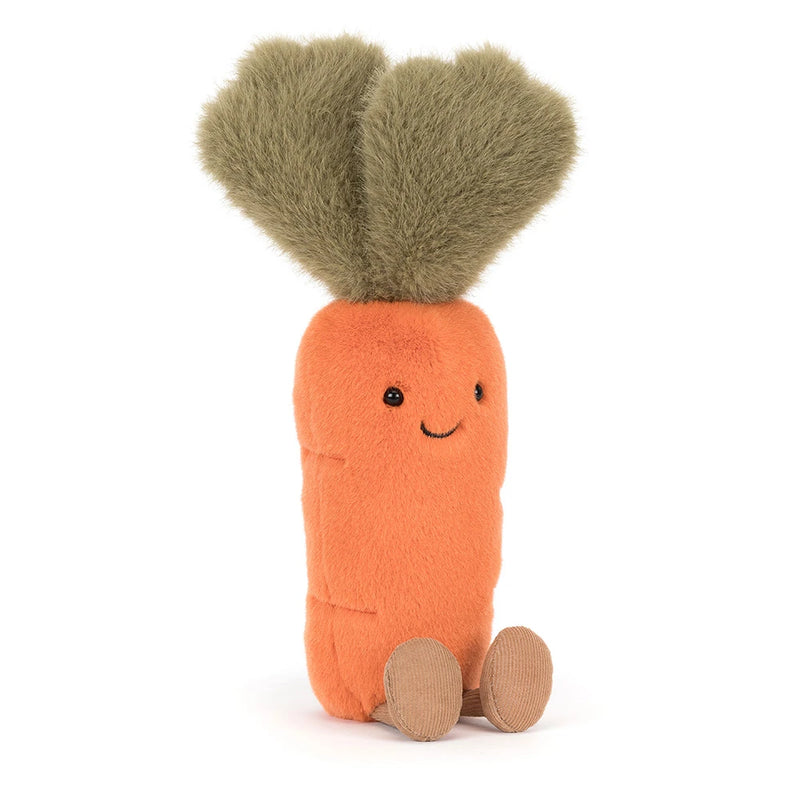 Orange plush carrot toy with green leafy top and brown corduroy feet