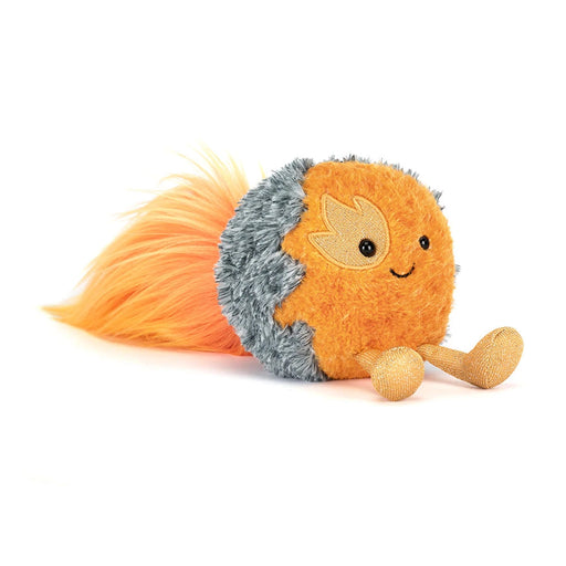 Orange and gray plush comet toy with flowing tail and smiling face