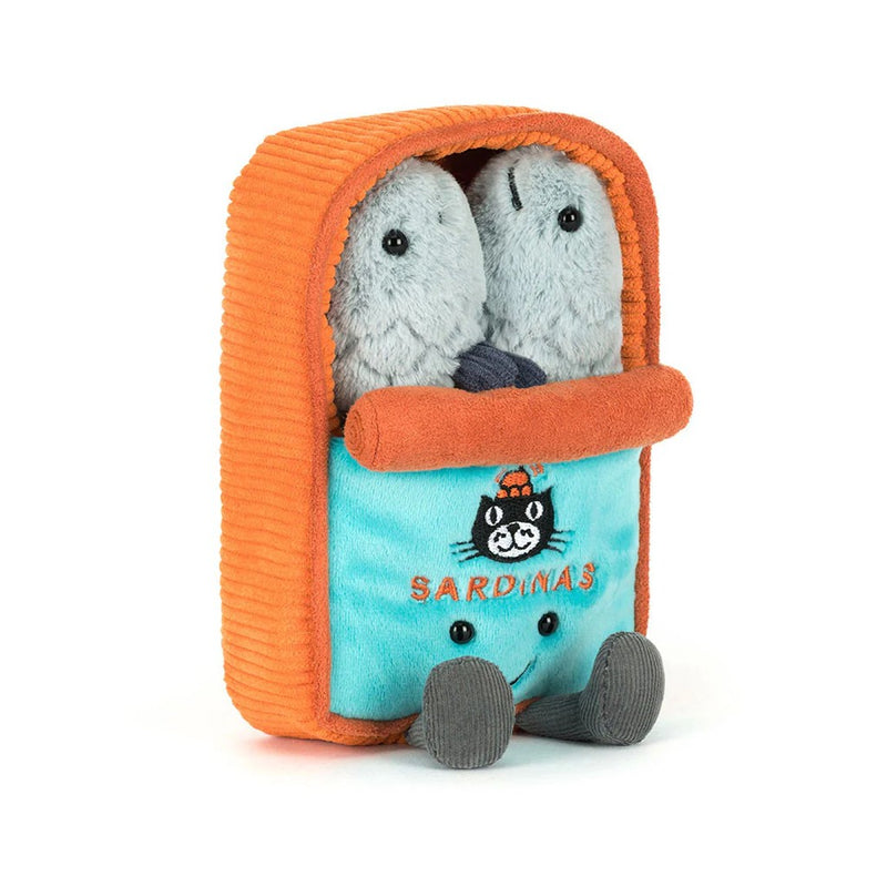 Jellycat Amuseables Sardine Tin plush toy with orange corduroy tin and grey sardines inside