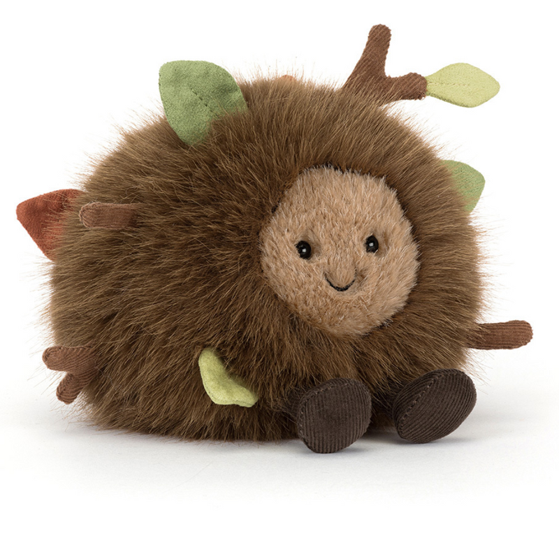 Jellycat Amuseables Mulshi Woodland Floor fluffy brown plush toy with leaves and branches.
