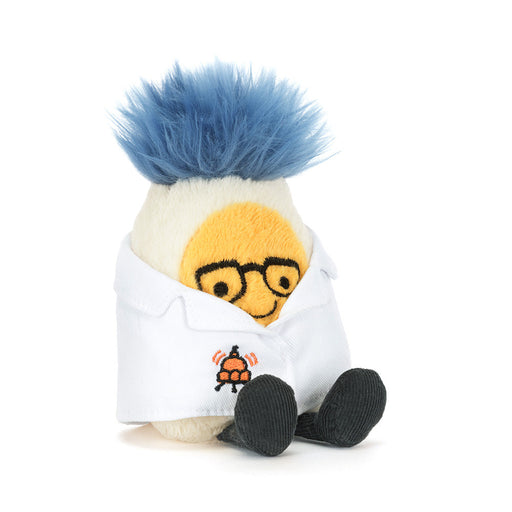 Jellycat Amuseables Boiled Egg plush toy with blue hair wearing white lab coat
